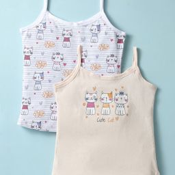 Bodycare Cotton Knit Sleeveless Slips with Kitty Print Pack of 2 - White & Cream-image-31
