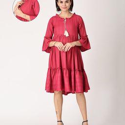 The Mom Store Cotton Three Fourth Bell Sleeves Solid Layered Maternity Dress With Nursing Access - Maroon-picture-17