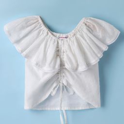 Kookie Kids Cotton Woven Frill Sleeves Bobby Top with Front Adjustable Cord - White-image-3