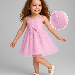 Babyhug Woven Sleeveless Dress with Bow Applique & Foil Print - Pink-image-25