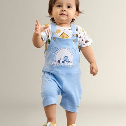 My Milestones Cotton Dog Patch Embroidered Dungaree With Half Sleeves Tee Set - Blue & White-81