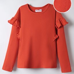 Kookie Kids Cotton Jersey Full Sleeves Solid Color Top with Frill Detailing - Coral-image-88