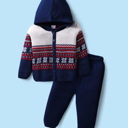 Babyhug Full Sleeves Hooded Front Open Sweater Set With Floral & Stripe Design - White & Navy Blue-picture-26