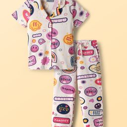 Pine Kids Single Jersey Knit Half Sleeves Co-Ord Night Suit with Whimsical Print - Offwhite & Pink-image-93