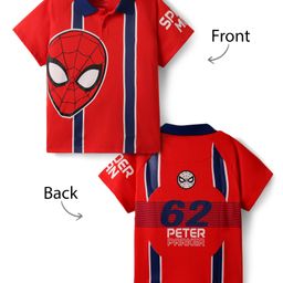 Pine Kids Marvel Single Jersey Knit Drop Shoulder Half Sleeves Polo T-Shirt with Front & Back Spider-Man Graphics - Red-image-2