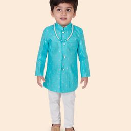 little desi Dupion Silk Full Sleeves Ethnic Foil Motifs Printed Kurta Pyjama With Necklace Set - Firozi Blue-image-47