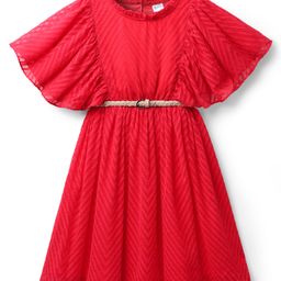 Hola Bonita Woven Half Flutter Sleeves Dobby Solid Dress with Belt - Tomato Red-picture-19