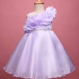 Bluebell Tissue Woven Sleeveless Party Frock With Floral Corsage - Purple-image-71