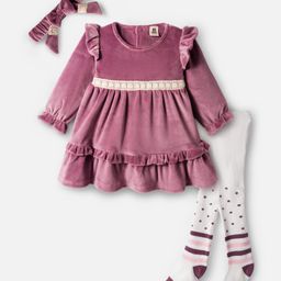 ToffyHouse 100% Cotton Knit Full Sleeves Tiered Solid Frock with Printed Stockings & Headband - Plum-picture-7