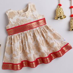 Many frocks & Blended Woven Sleeveless Floral Foil Printed Gotal Lace Embellished Dress - Cream-image-60