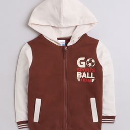 BUMZEE Looper Knit Full Sleeves Football Printed Hooded Sweatjacket - Brown & Cream-image-59