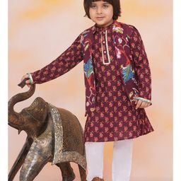 KID1 Cotton Woven Full Sleeves Floral Printed Lace Embellished Kurta Pyjama With Jacket - Wine-image-77