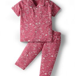Pink Rabbit Single Jersey Knit Half Sleeves Co-ords Night Suit with Star Print - Maroon-image-46