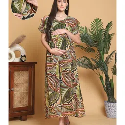 Moms Maternity Georgette Woven Half Cape Sleeves Leaves Printed Maternity Dress With Side Seam Nursing Access - Olive Green-picture-4