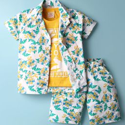 Rikidoos Half Sleeves Floral Printed Coordinating Shirt & Shorts With Tee - White & Yellow-image-8