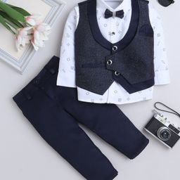 Fourfolds Cotton Blend Woven Full Sleeves Doodle Art Printed & Damask Embroidered 3 Piece Party Suit Set With Bow - Navy Blue-picture-29