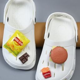 Yellow Bee Solid Perforated Slingback Clogs With Fast Food Charms - White-picture-16