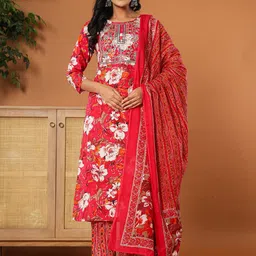 Yufta Floral Printed Regular Sequinned Pure Cotton Kurta With Trousers & Dupatta-picture-43