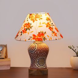 Devansh White Printed Traditional Frusturical Shaped Wooden Table Lamp & Mosaic Glass-39