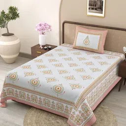 TrueYarns Beige & Green Floral Pure Cotton 300 TC Single Bedsheet Set-1.52mx2.28m-image-95