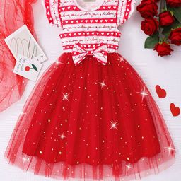INCLUD Girl Graphic Heart Print Flutter Sleeve Bow Tulle Fit & Flare Dress-image-25