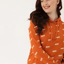 DressBerry Women Orange & Off-White Printed Hooded Sweatshirt-image-64