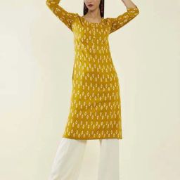 Soch Mustard Printed Straight Kurta-image-48