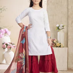 Sangria Girls White Solid Round Neck Three-Quarter Sleeves Cotton Kurta-picture-18