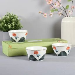 India Circus by Krsnaa Mehta Nature's Bloom Floral Blue Bone China Nikko Bowl - Set of 3, (470 ml)-30