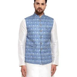Mohanlal Sons Blue Regular Fit Printed Nehru Jacket-image-82