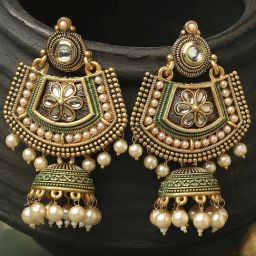 Oomph Green Meenakari & Kundan Pearls Floral Large Ethnic Jhumki Earrings-19