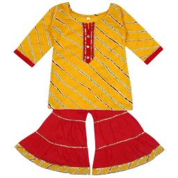 Ahhaaaa Kids Yellow & Red Cotton Striped Kurti Set-image-31
