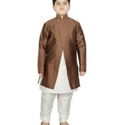 SG Yuvraj Kids Brown & White Textured Pattern Full Sleeves Kurta Set-image-48