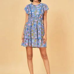 People by Pantaloons Blue Printed A-Line Dress-picture-9