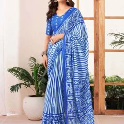 Satrani Blue & White Pure Cotton Printed Saree With Unstitched Blouse-image-29