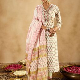 Indo Era Women Floral Printed Regular Pure Cotton Kurta with Trousers & With Dupatta-picture-20