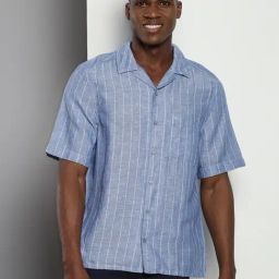 Calvin Klein Blue Linen Regular Fit Striped Shirt-image-16