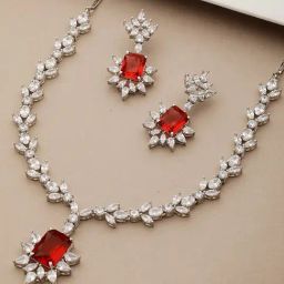 Saraf RS Jewellery Silver Plated Red Ruby Zircon Floral Statement Jewellery Set-image-29