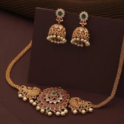 Saraf RS Jewellery Gold Plated CZ Studded Floral Peacock Choker Jewellery Set-98