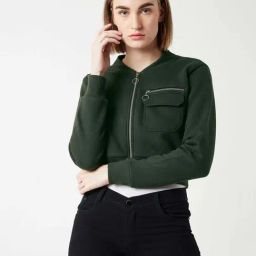 Miss Chase Green Stand Collar Full Sleeves Cotton Boxy/bomber Cropped Jacket-37