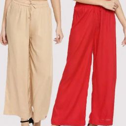 TWIN BIRDS Beige & Red Mid Rise Palazzos - Pack Of 2-image-96