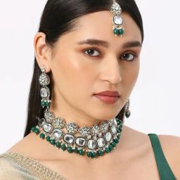 Oomph Green Meenakari Jadau Necklace, Earring & MaangTikka Set-image-95