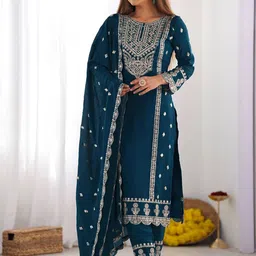 BAESD Floral Embroidered Regular Sequinned Straight Kurta With Trousers & Dupatta-image-87