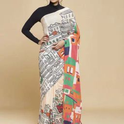 navyasa by liva Peach Printed Saree With Unstitched Blouse-picture-5