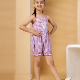 Budding Bees Girls Purple Cotton Regular Fit Chequered Jumpsuit-picture-29