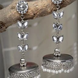 Moedbuille Crystals and Pearls Tasselled Design Oxidised Silver Handcrafted Filigree Earrings-image-51
