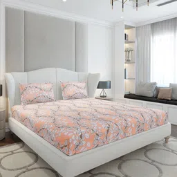 Monte Carlo Orange & Grey Floral Printed 120 TC Queen Bedsheet Set-2.3 m x 2.50 m-image-1