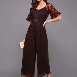 Miss Chase Wine & Teal Half Sleeve Self Designed Lace Overlaid Regular Length Polyester Jumpsuit-25