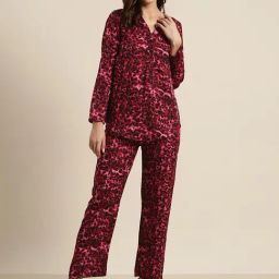Qurvii Wine Animal Print Top With Pants-33