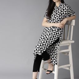 HERE&NOW Women Black & White Printed Straight Kurta-35